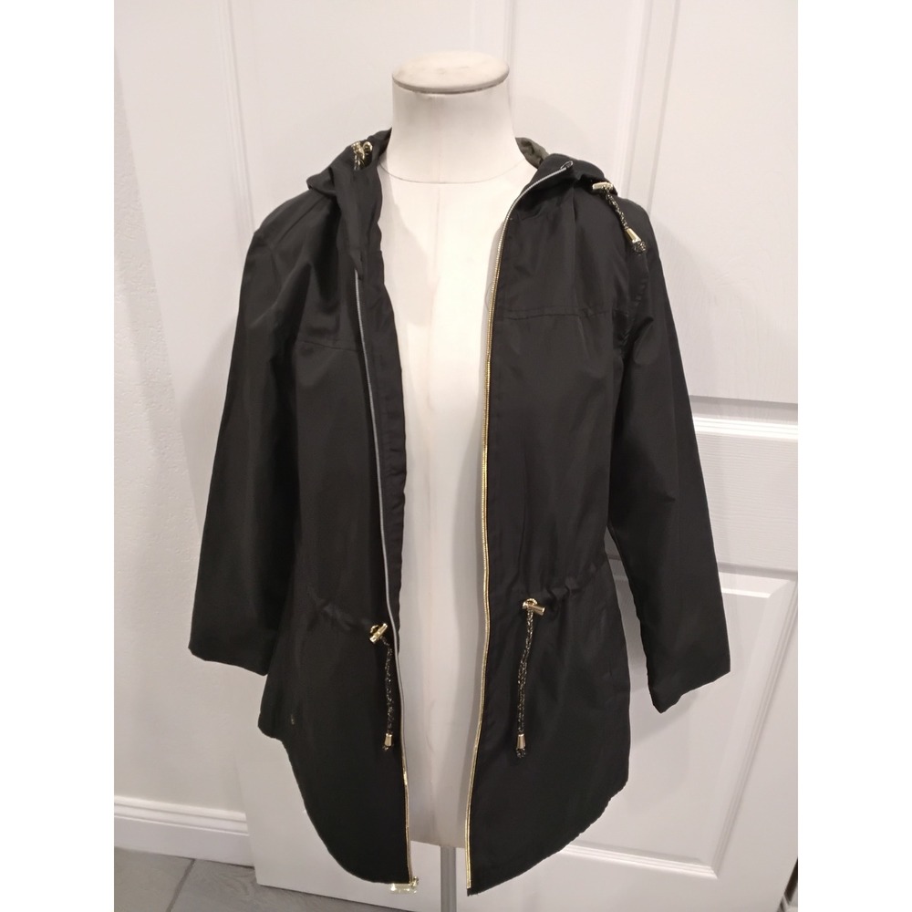 Jones New York Womens Black Hooded Anorak Jacket Drawstring Waist Size S